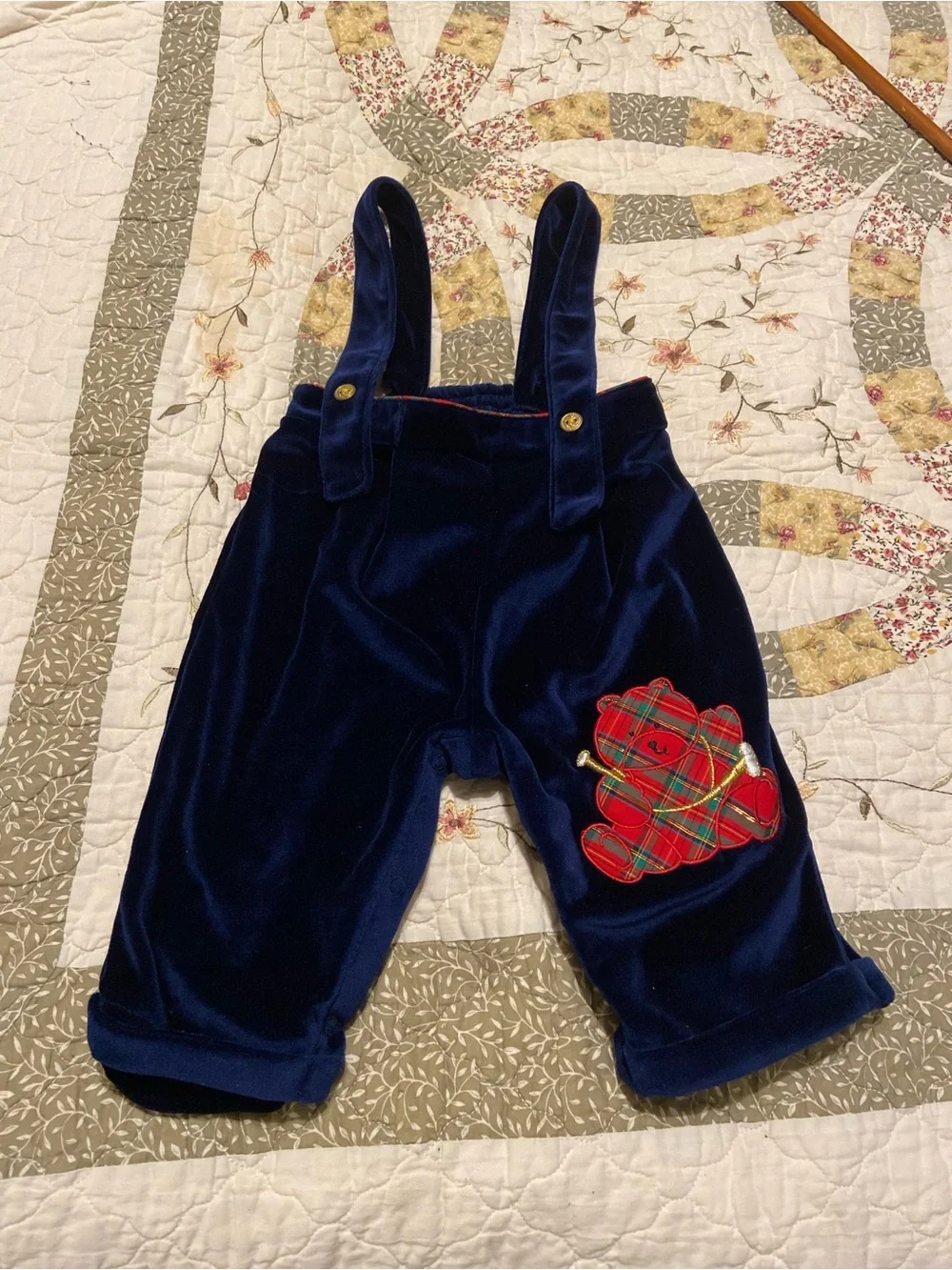 Vintage Blue Velvet Baby Overalls with Plaid Bear Design Size 6-9 Months Unisex
